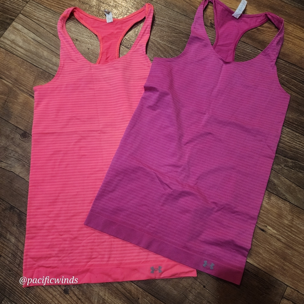 2- UNDER ARMOUR HEATGEAR FITTED WOMEN'S TANK TOP TROPIC PINK & ORANGE MELON SM
